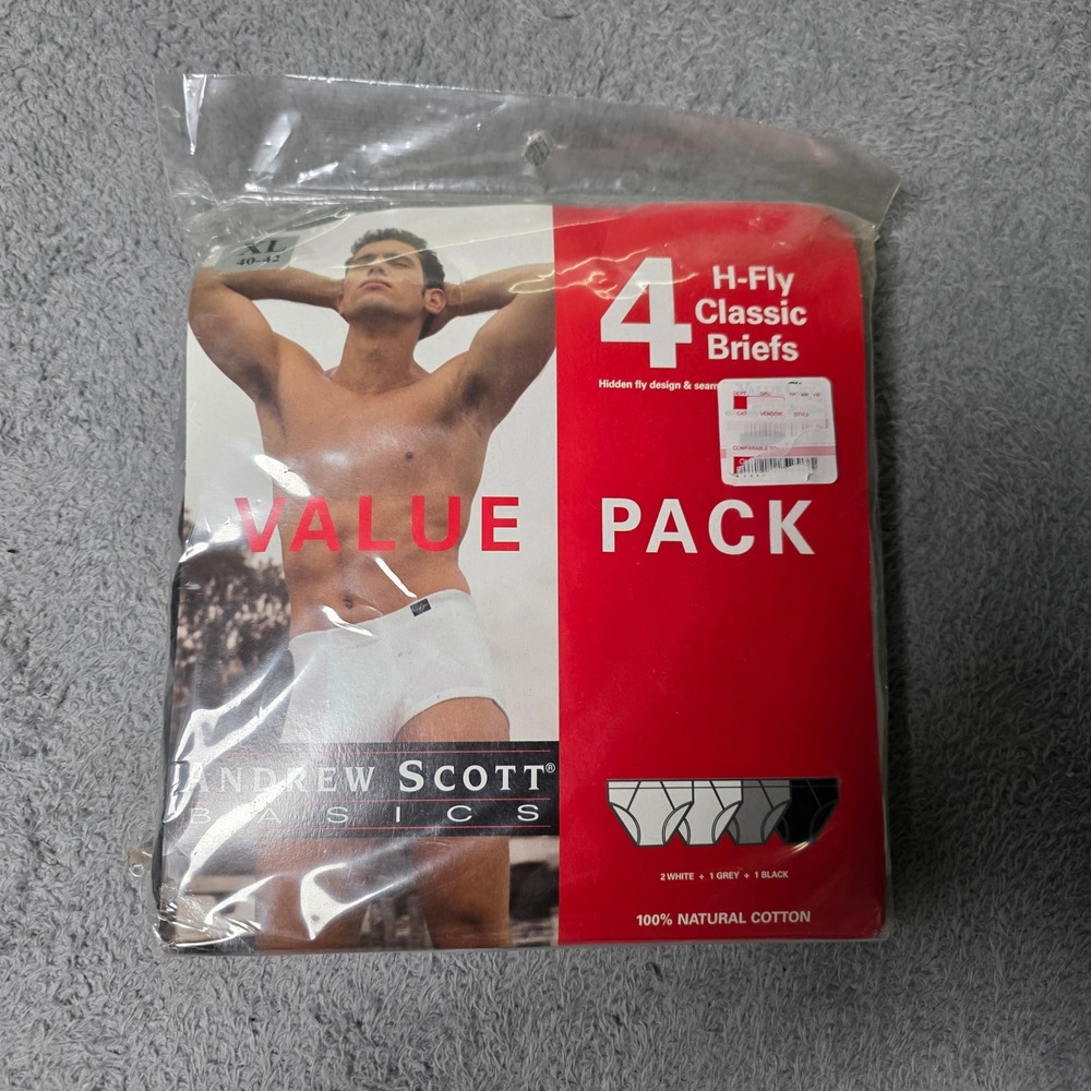 Andrew Scott Mens XL Briefs White Grey Black 4-Pack H-Fly Cotton 77334CV Y2K VTG